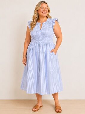 J.Crew XXL Blue Stripe Smocked Midi Dress | Coastal Grandmother | Pockets | EUC